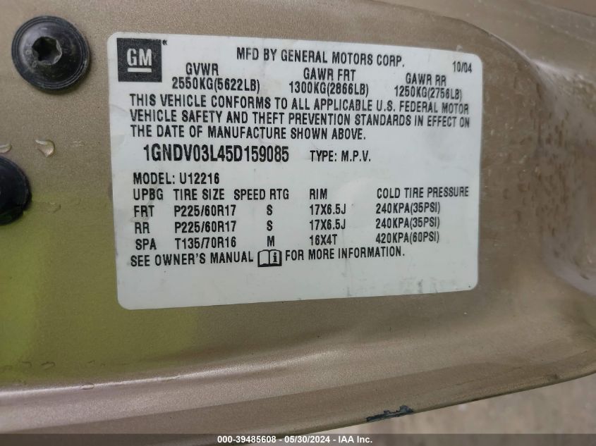 2005 Chevrolet Uplander VIN: 1GNDV03L45D159085 Lot: 39485608