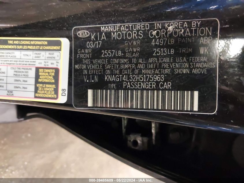 2017 Kia Optima Lx VIN: KNAGT4L32H5175963 Lot: 39485609