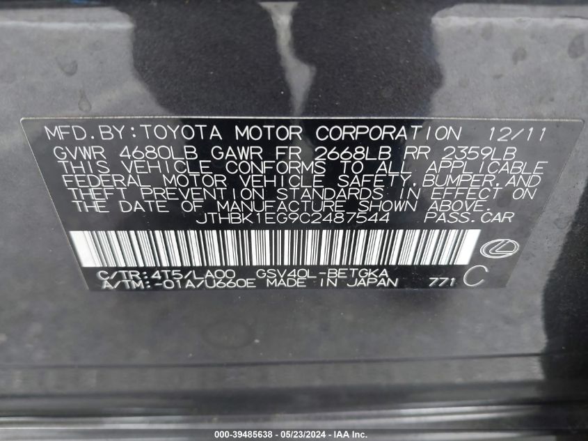 2012 Lexus Es 350 VIN: JTHBK1EG9C2487544 Lot: 39485638