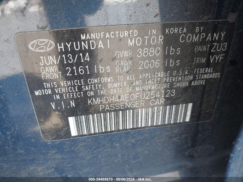 2015 Hyundai Elantra Se VIN: KMHDH4AE0FU254123 Lot: 39485670