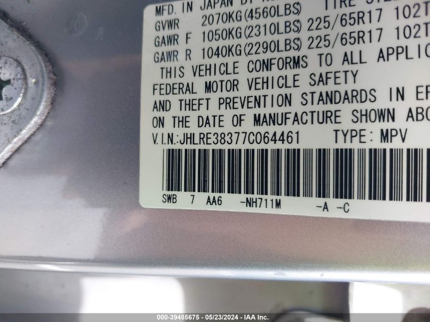 2007 Honda Cr-V Lx VIN: JHLRE38377C064461 Lot: 39485675