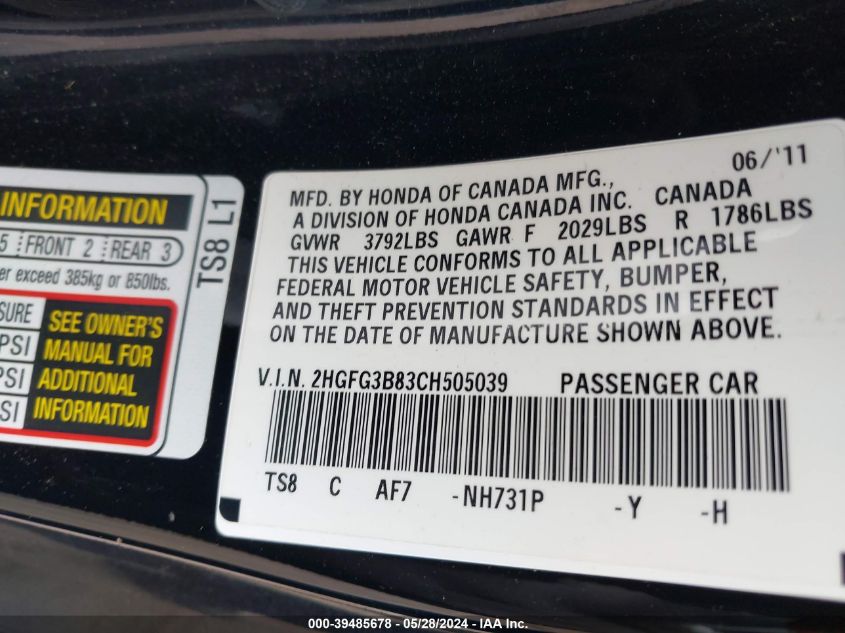 2012 Honda Civic Ex VIN: 2HGFG3B83CH505039 Lot: 39485678
