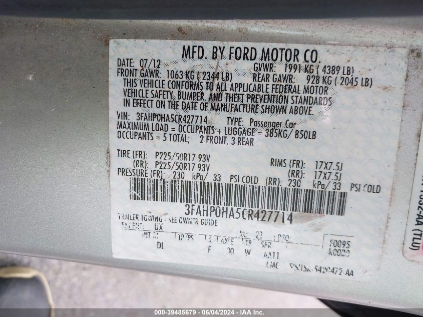 2012 Ford Fusion Se VIN: 3FAHP0HA5CR427714 Lot: 39485679