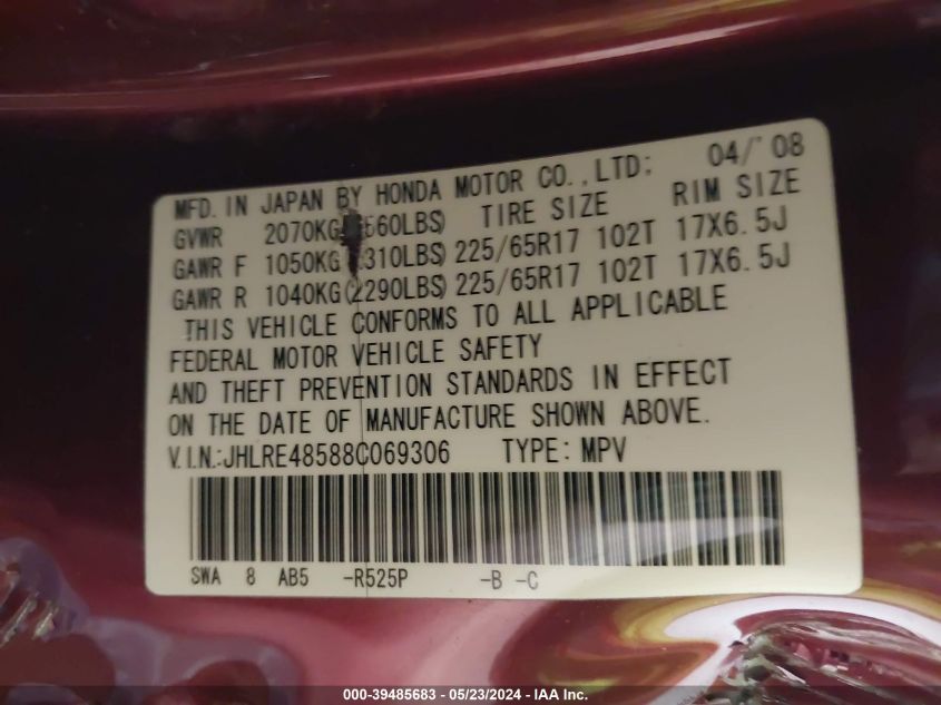 2008 Honda Cr-V Ex VIN: JHLRE48588C069306 Lot: 39485683