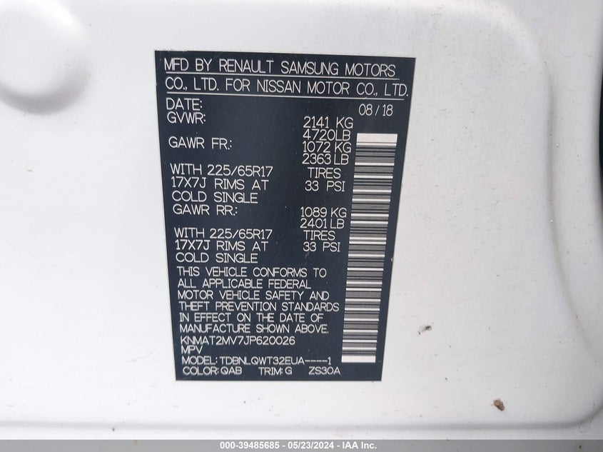 2018 Nissan Rogue Sv VIN: KNMAT2MV7JP620026 Lot: 39485685