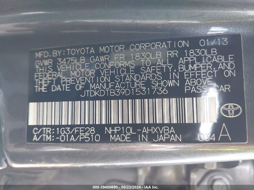 2013 Toyota Prius C One VIN: JTDKDTB39D1531736 Lot: 39485690