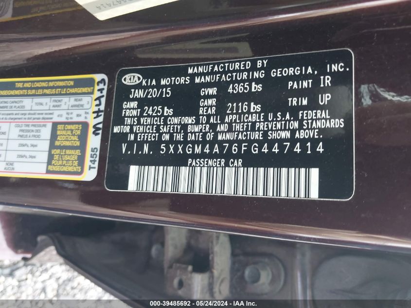 2015 Kia Optima Lx VIN: 5XXGM4A76FG447414 Lot: 39485692
