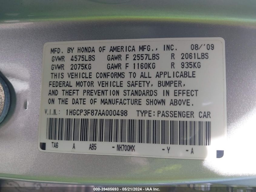2010 Honda Accord 3.5 Ex-L VIN: 1HGCP3F87AA000498 Lot: 39485693