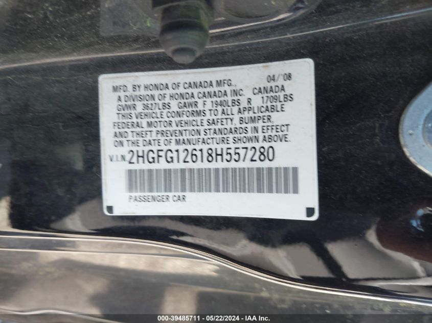 2008 Honda Civic Lx VIN: 2HGFG12618H557280 Lot: 39485711