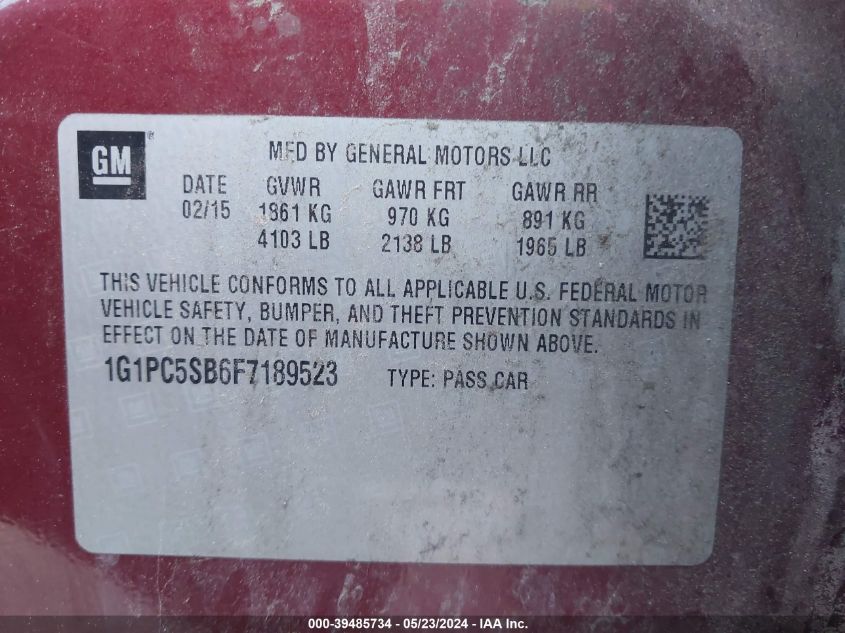 2015 Chevrolet Cruze 1Lt Auto VIN: 1G1PC5SB6F7189523 Lot: 39485734