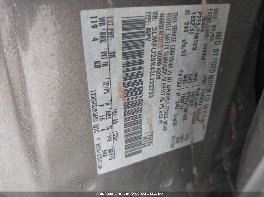 2003 Lincoln Navigator VIN: 5LMFU28R43LJ32753 Lot: 39485736