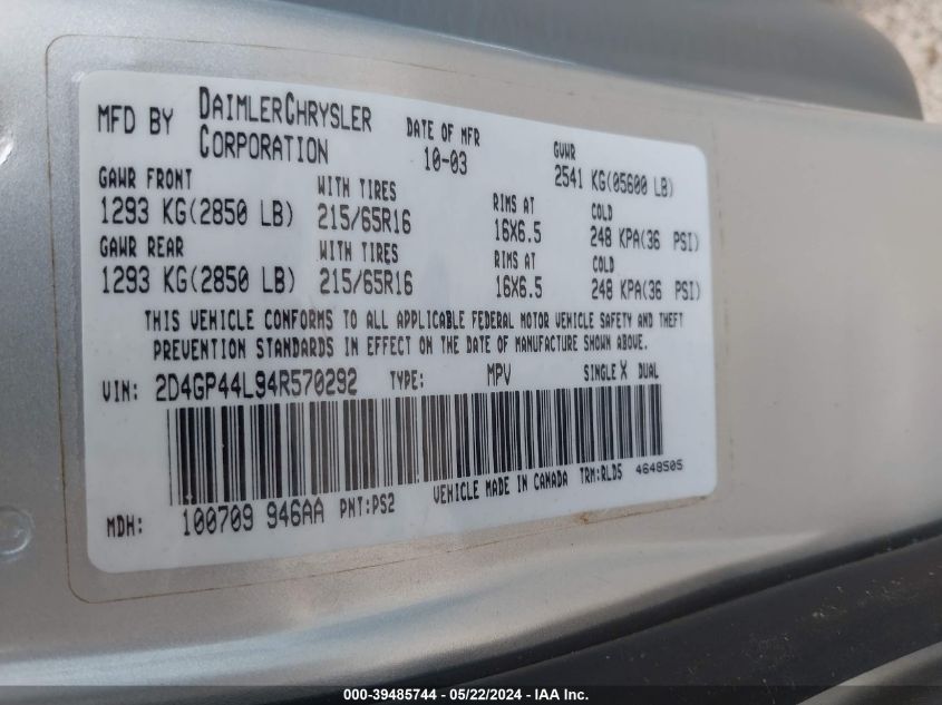 2004 Dodge Grand Caravan Sxt VIN: 2D4GP44L94R570292 Lot: 39485744