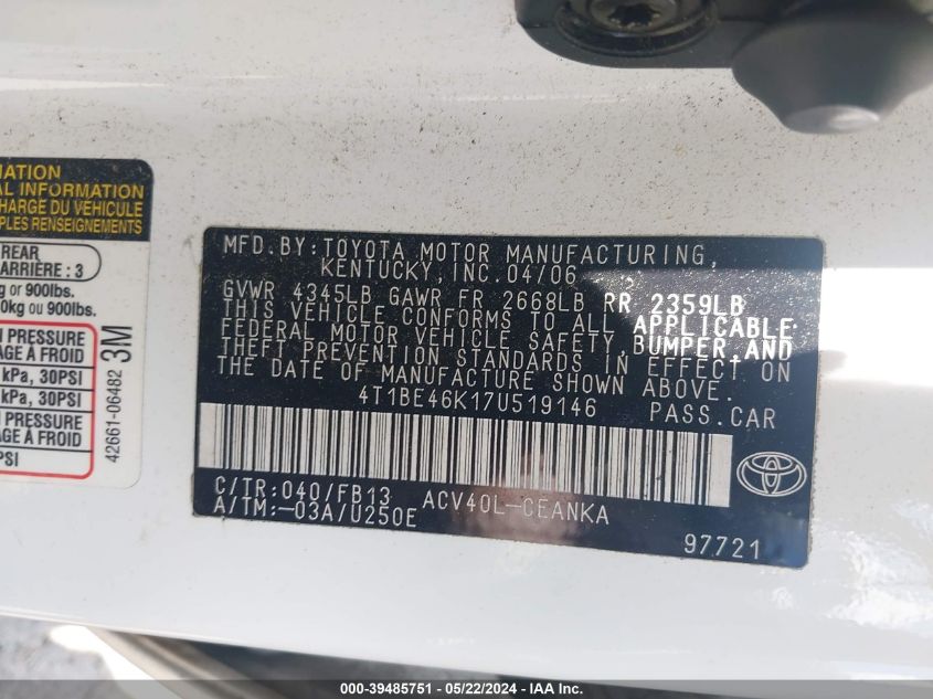 2007 Toyota Camry Le VIN: 4T1BE46K17U519146 Lot: 39485751