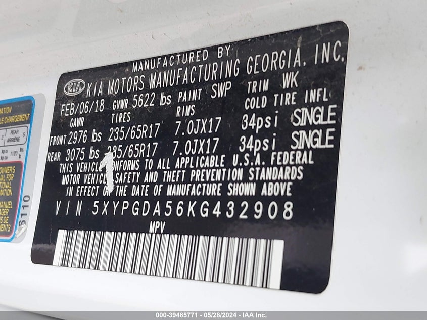 2019 Kia Sorento 3.3L Lx VIN: 5XYPGDA56KG432908 Lot: 39485771