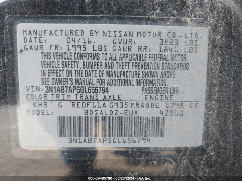 2016 Nissan Sentra Sv VIN: 3N1AB7AP5GL656794 Lot: 39485780