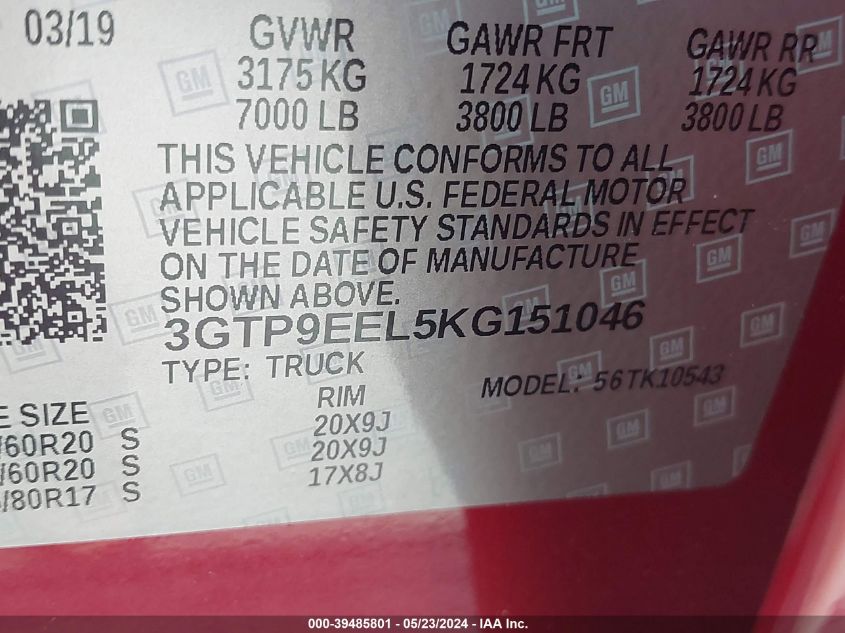 2019 GMC Sierra 1500 At4 VIN: 3GTP9EEL5KG151046 Lot: 39485801