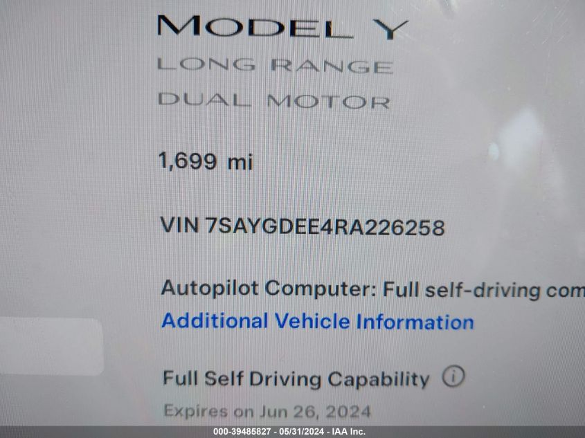 2024 Tesla Model Y Long Range Dual Motor All-Wheel Drive VIN: 7SAYGDEE4RA226258 Lot: 39485827