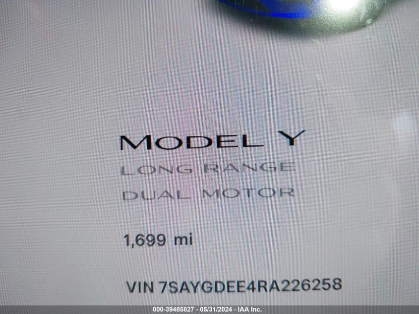 2024 Tesla Model Y Long Range Dual Motor All-Wheel Drive VIN: 7SAYGDEE4RA226258 Lot: 39485827