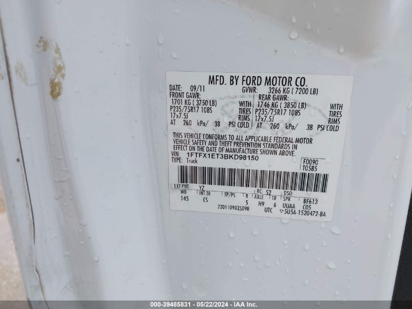 2011 Ford F-150 Xl VIN: 1FTFX1ET3BKD98150 Lot: 39485831