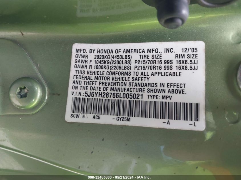 2006 Honda Element Ex-P VIN: 5J6YH28766L005021 Lot: 39485833