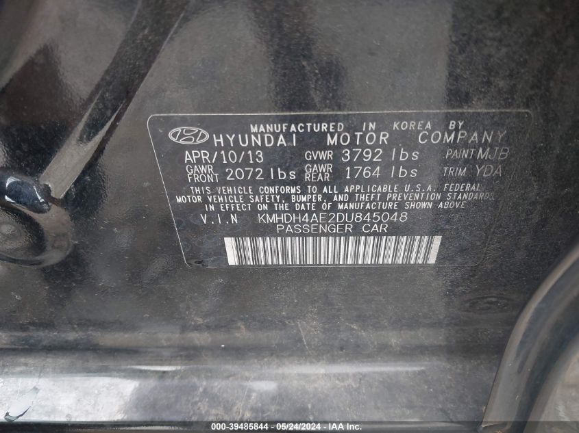 2013 Hyundai Elantra Gls VIN: KMHDH4AE2DU845048 Lot: 39485844