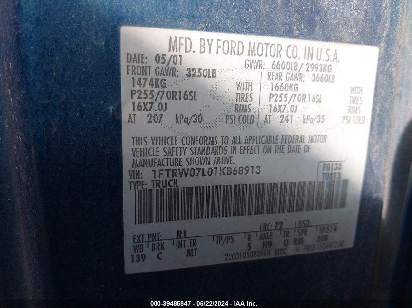 2001 Ford F-150 Harley-Davidson Edition/King Ranch Edition/Lariat/Xlt VIN: 1FTRW07L01KB68913 Lot: 39485847