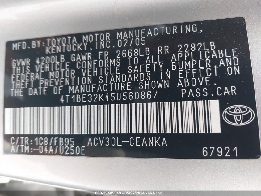 2005 Toyota Camry Le VIN: 4T1BE32K45U560867 Lot: 39485849