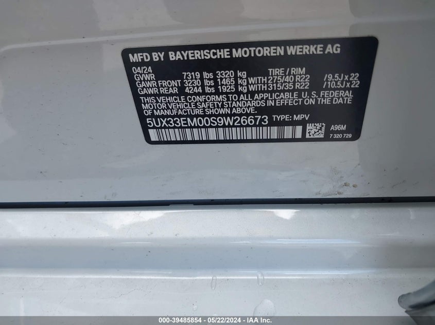 VIN 5UX33EM00S9W26673 2025 BMW X7 M60I