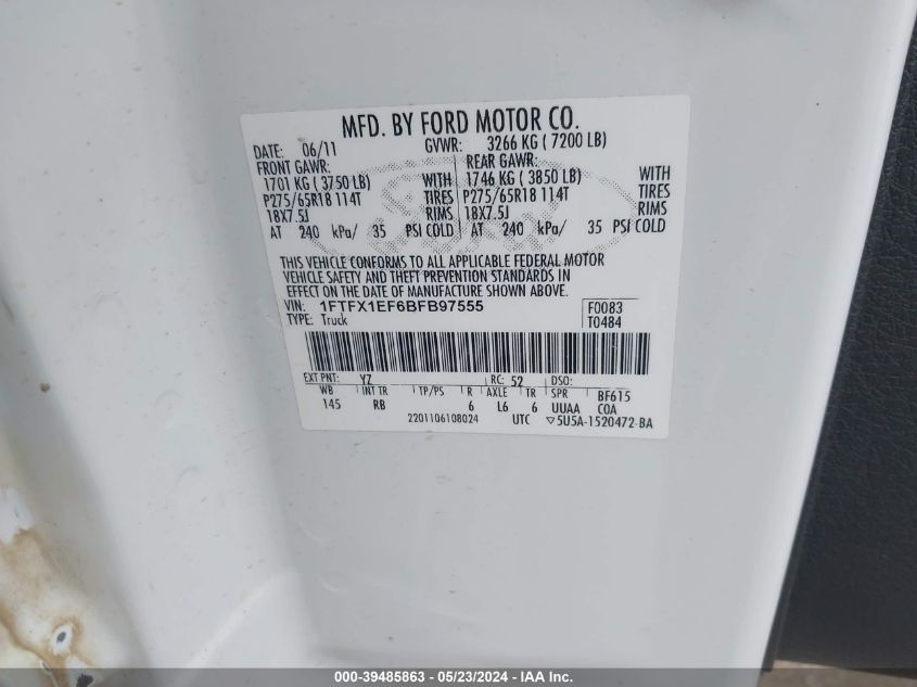 2011 Ford F-150 Fx4 VIN: 1FTFX1EF6BFB97555 Lot: 39485863