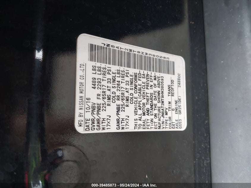 2017 Nissan Rogue S/Sl/Sv VIN: JN8AT2MT9HW380593 Lot: 39485873