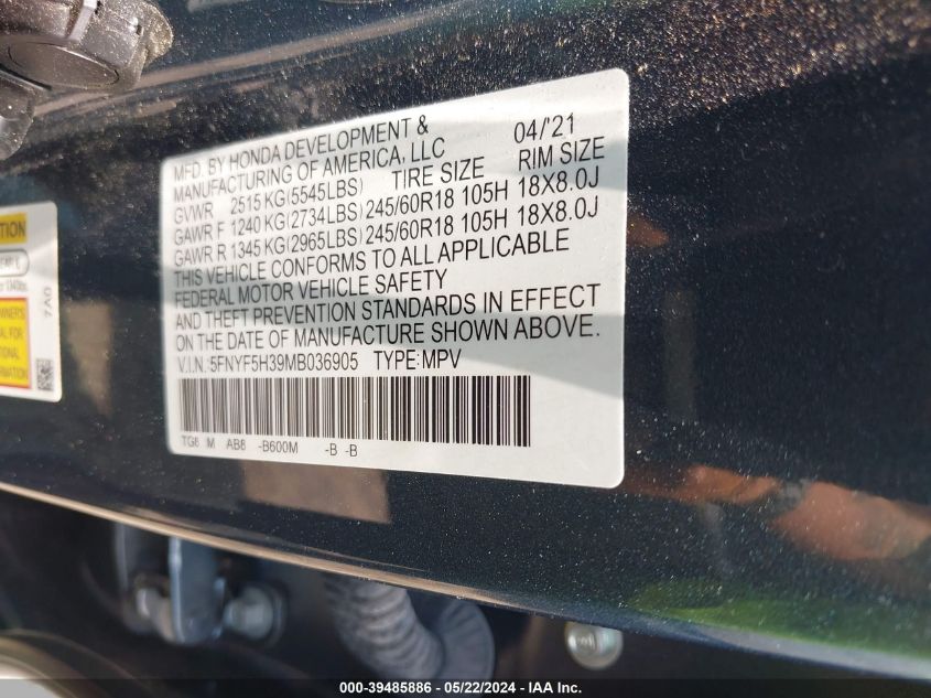 2021 Honda Pilot 2Wd Ex VIN: 5FNYF5H39MB036905 Lot: 39485886