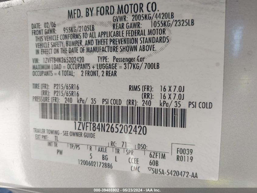 2006 Ford Mustang V6 VIN: 1ZVFT84N265202420 Lot: 39485902