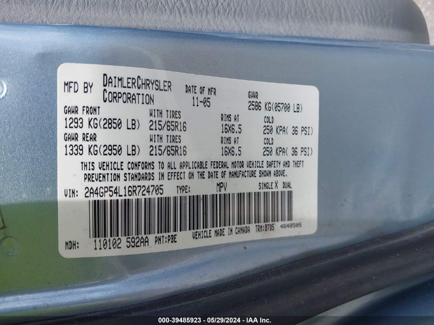 2006 Chrysler Town & Country Touring VIN: 2A4GP54L16R724705 Lot: 39485923