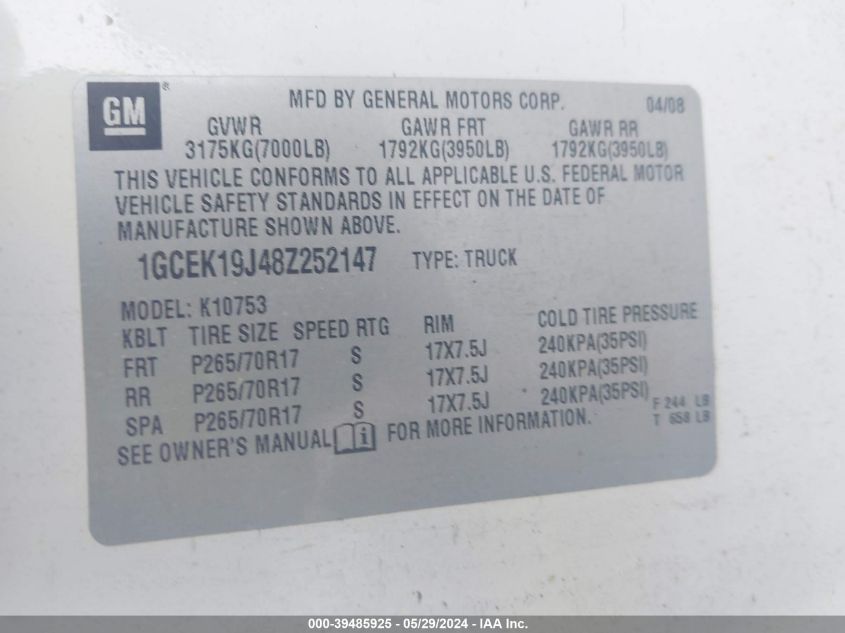 2008 Chevrolet Silverado 1500 Lt1 VIN: 1GCEK19J48Z252147 Lot: 39485925