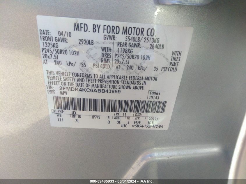 2010 Ford Edge Limited VIN: 2FMDK4KC6ABB43959 Lot: 39485933