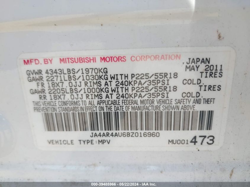 2011 Mitsubishi Outlander Sport Se VIN: JA4AR4AU6BZ016960 Lot: 39485966