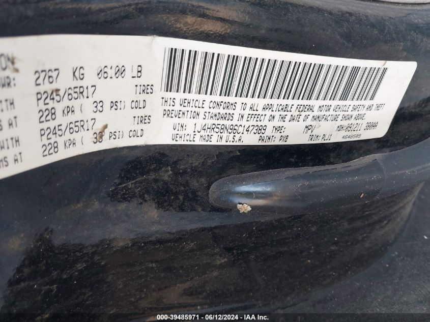 2006 Jeep Grand Cherokee Limited VIN: 1J4HR58N96C147389 Lot: 39485971