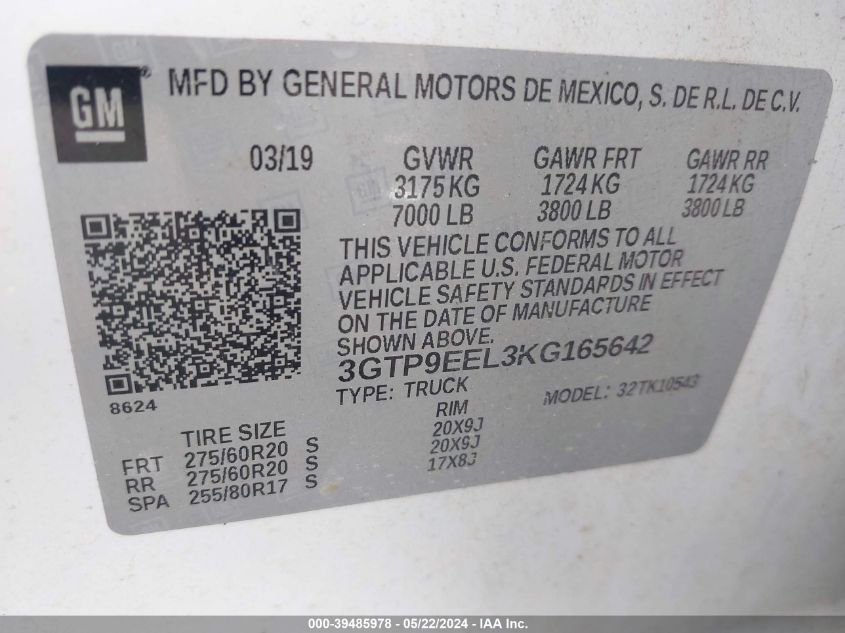 2019 GMC Sierra 1500 At4 VIN: 3GTP9EEL3KG165642 Lot: 39485978