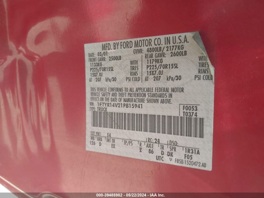 2001 Ford Ranger Edge/Xl/Xlt VIN: 1FTYR14V21PB15941 Lot: 39485982