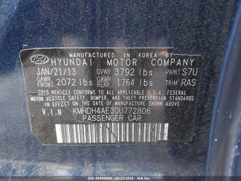 2013 Hyundai Elantra Gls VIN: KMHDH4AE3DU772806 Lot: 39485989