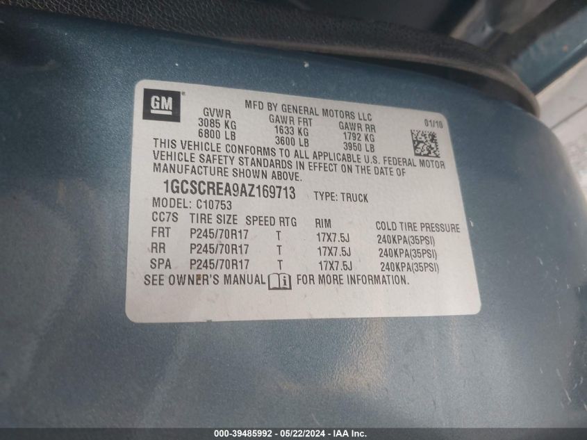 2010 Chevrolet Silverado 1500 Ls VIN: 1GCSCREA9AZ169713 Lot: 39485992