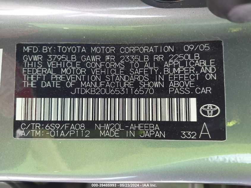2005 Toyota Prius VIN: JTDKB20U653116570 Lot: 39485993