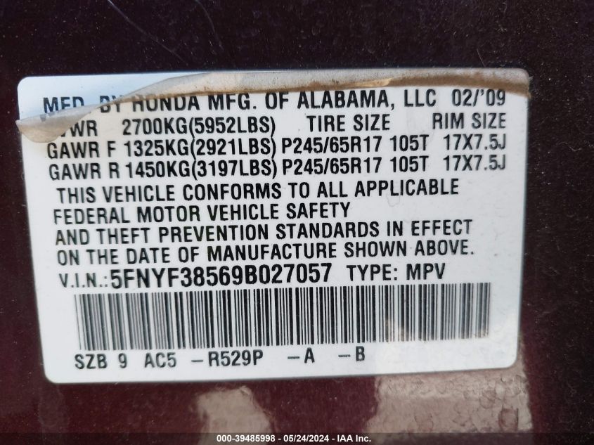 2009 Honda Pilot Exl VIN: 5FNYF38569B027057 Lot: 39485998