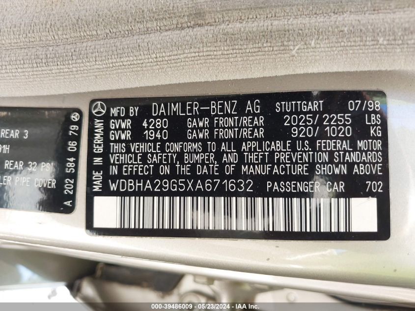 1999 Mercedes-Benz C 280 VIN: WDBHA29G5XA671632 Lot: 39486009