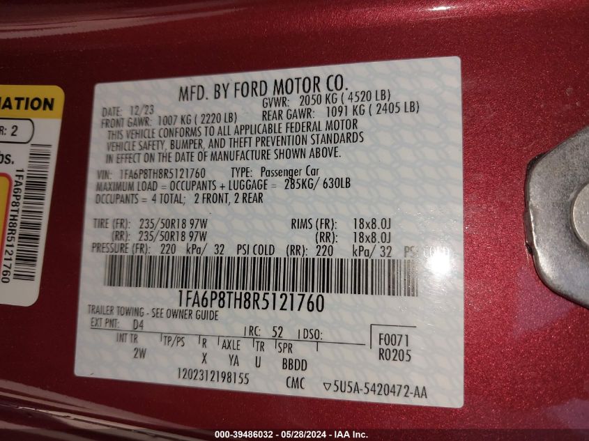 2024 Ford Mustang Ecoboost Fastback VIN: 1FA6P8TH8R5121760 Lot: 39486032