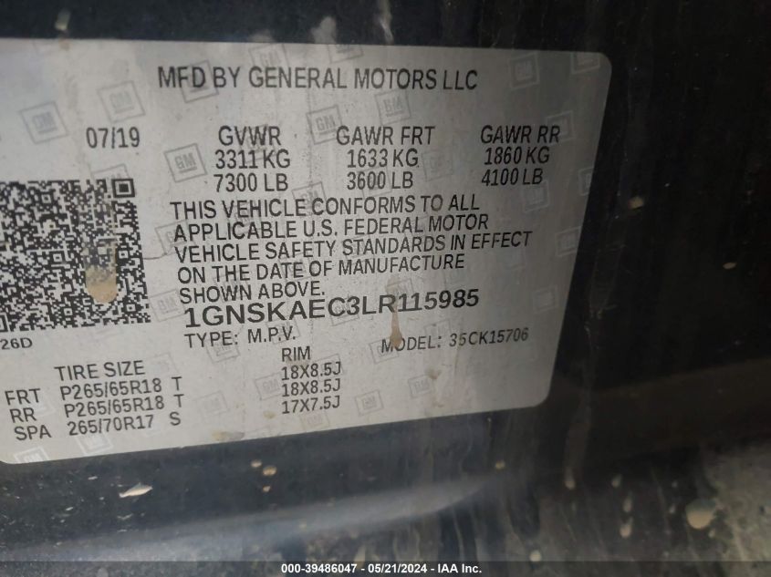 2020 CHEVROLET TAHOE 4WD LS - 1GNSKAEC3LR115985