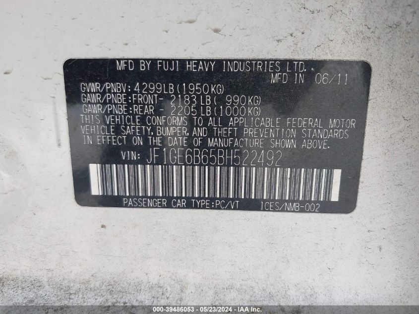 2011 Subaru Impreza 2.5I Premium VIN: JF1GE6B65BH522492 Lot: 39486053