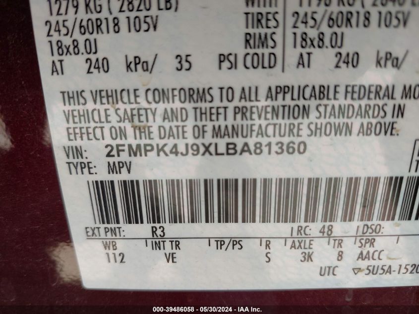 2020 Ford Edge Sel VIN: 2FMPK4J9XLBA81360 Lot: 39486058