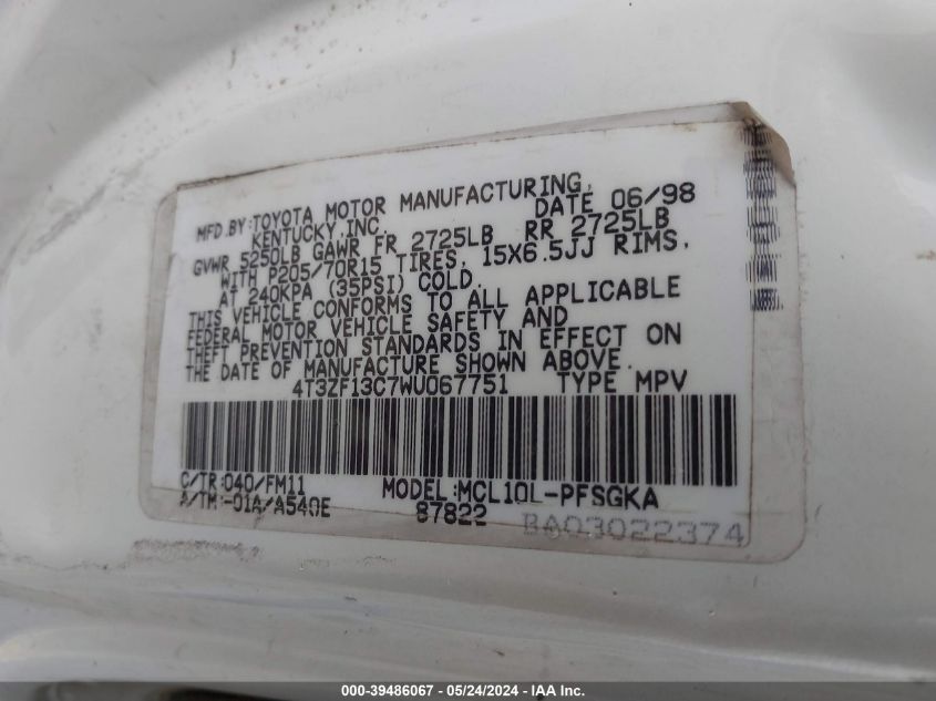 1998 Toyota Sienna Xle VIN: 4T3ZF13C7WU067751 Lot: 39486067