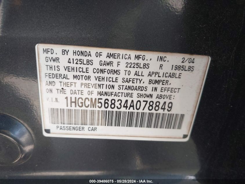 2004 Honda Accord 2.4 Ex VIN: 1HGCM56834A078849 Lot: 39486075